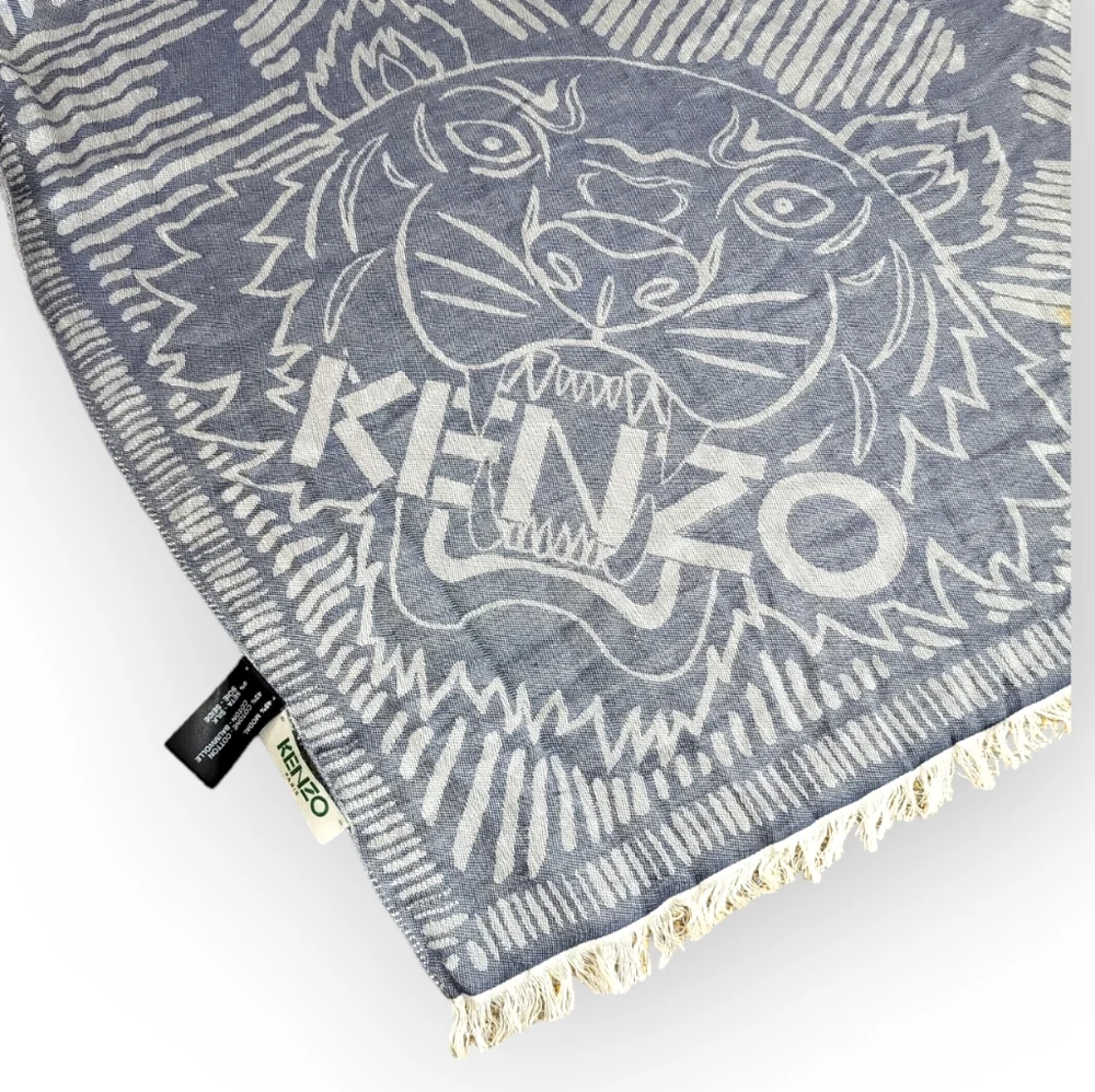 KENZO Paris Blue Tiger Head Silk Cotton Scarf